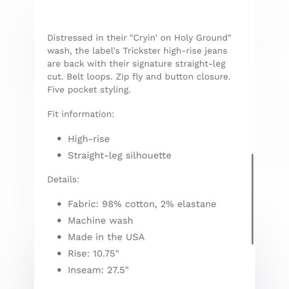 MOTHER THE TRICKSTER ANKLE CRYING ON HOLY GROUND HIGH RISE BUTTON FLY STRAIGHT - Picture 6 of 15